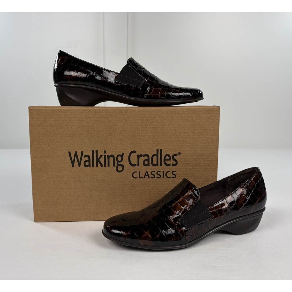 Walking Cradles Teri Loafers Womens 7.5 Narrow Brown Croc Embossed Leather Shoes